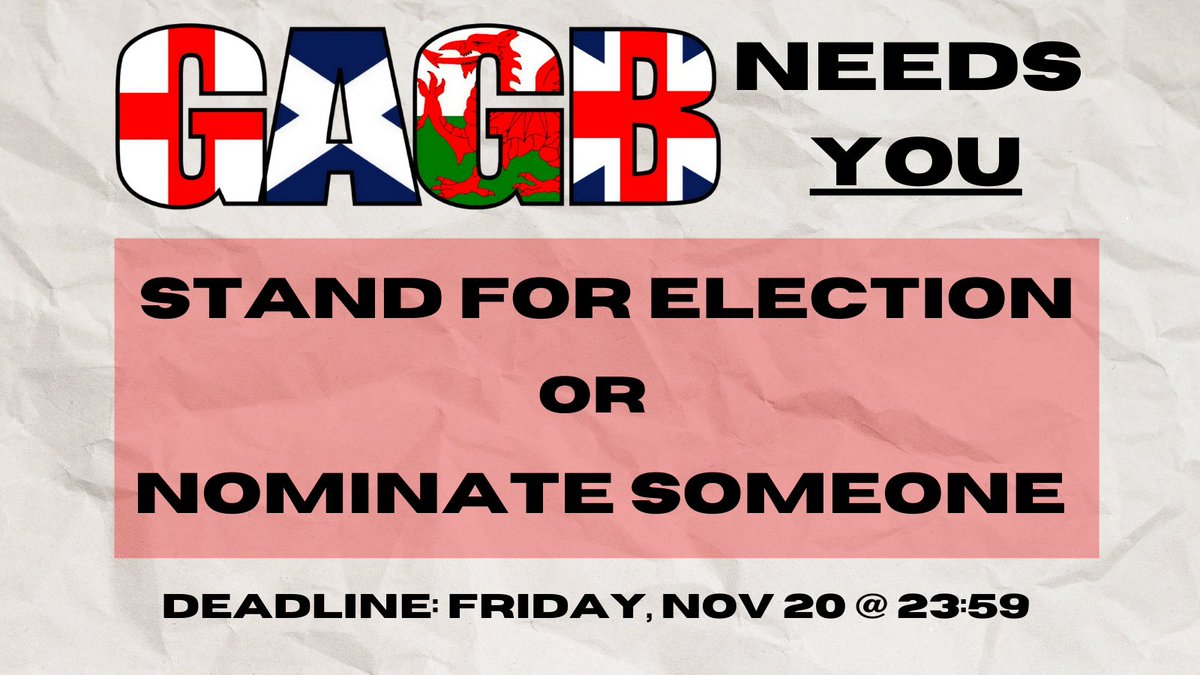 TheGAGB's tweet image. 🚨The GAGB needs YOU! Nominations for the eight committee members are now open. All nominations can now be posted in the thread, found here: tinyurl.com/GAGBElections
Please stand for election or, alternatively, nominate someone who you think would do a good job.