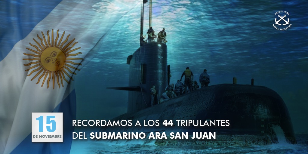 PrefecturaNaval's tweet photo. Homenajeamos a los héroes del ARA San Juan, siempre en nuestro recuerdo como hombres y mujeres de mar. Acompañamos en este día a nuestros camaradas de la Armada Argentina y a las 44 familias de quienes dieron su vida por la sociedad.
#ARASanJuan #HonrarlaVida #44Heroes https://t.co/S4aeNGe5Aa
