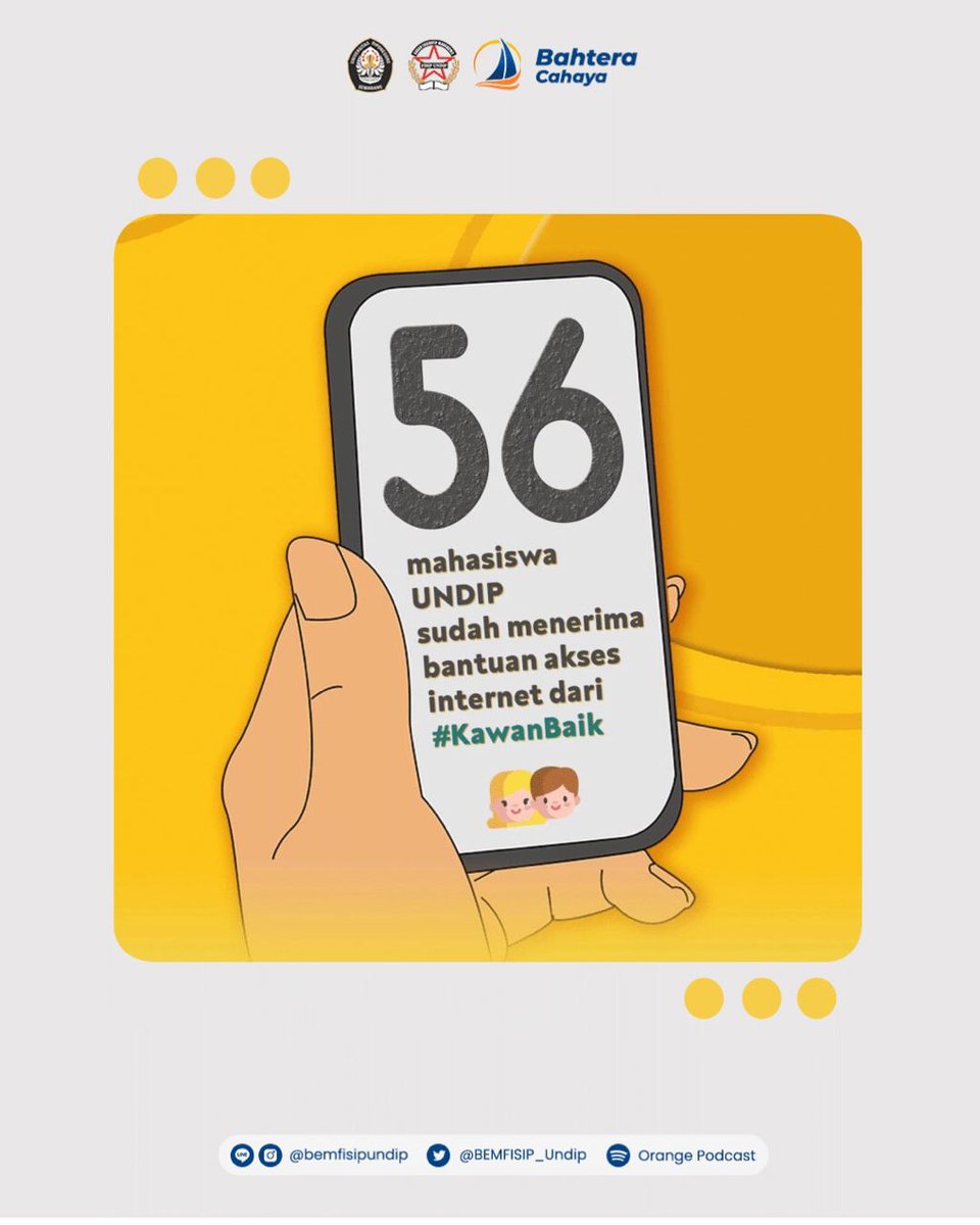 BEMFISIP_Undip's tweet photo. [ WHATS ON FISIP : #BantuKuliah ] 

Hai #KawanBaik ! Perkenalkan, kami adalah #BantuKuliah dari Ilmu Komunikasi UNDIP yang sedang mengadakan penggalangan donasi bagi #KawanKita sesama mahasiswa UNDIP yang mengalami kesulitan mendapatkan akses internet. https://t.co/GsSm4ebWUN
