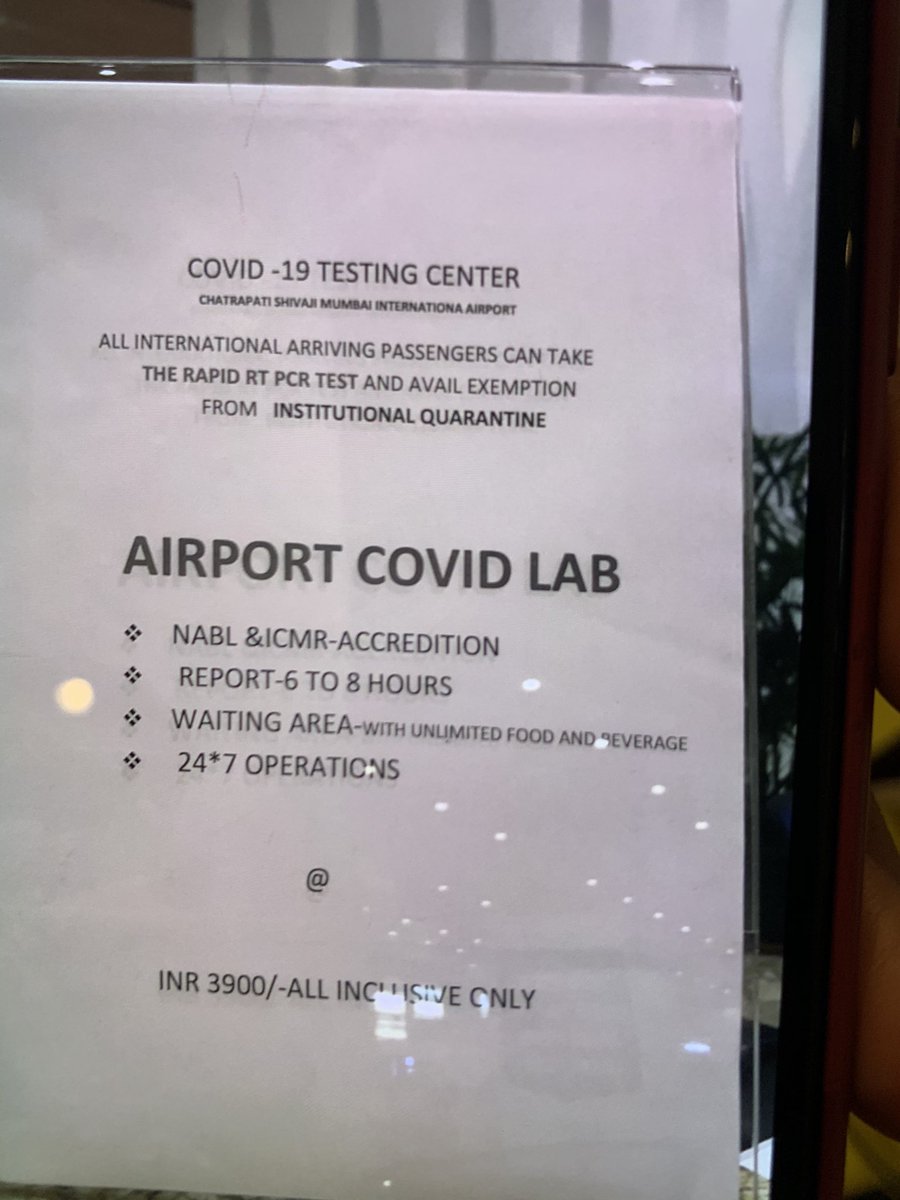 Had been told by immigration that a C-19 test is not necessary if we stay in quarantine after arriving in BOM. Now being forced into taking the test at the airport for ₹3900 and waiting for 8 hrs despite inquiring beforehand. <a href="/mybmc/">माझी Mumbai, आपली BMC</a> <a href="/SushmaSwaraj/">Sushma Swaraj</a> <a href="/mybmcHealthDept/">MCGM Health Department</a> <a href="/AUThackeray/">Aaditya Thackeray</a>