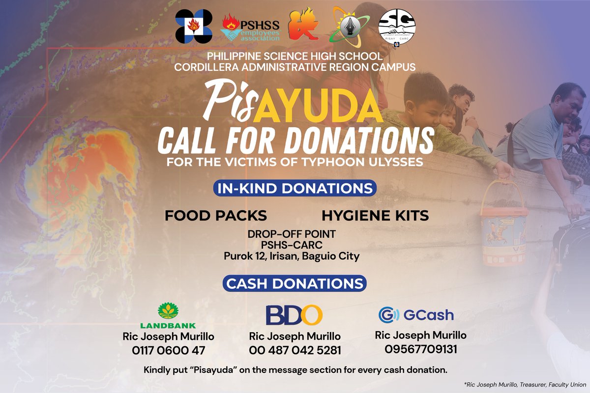 TheCordiScholar's tweet photo. [#PisAyuda]

With the onslaught of recent typhoons, several parts of Cagayan Valley and Isabela have been submerged in flood waters and are in dire need of help. 

With this, PSHS-CARC launches Pisayuda to help typhoon victims from Cagayan Valley and Isabela. 
 
// thread https://t.co/xvm4dj5BzR