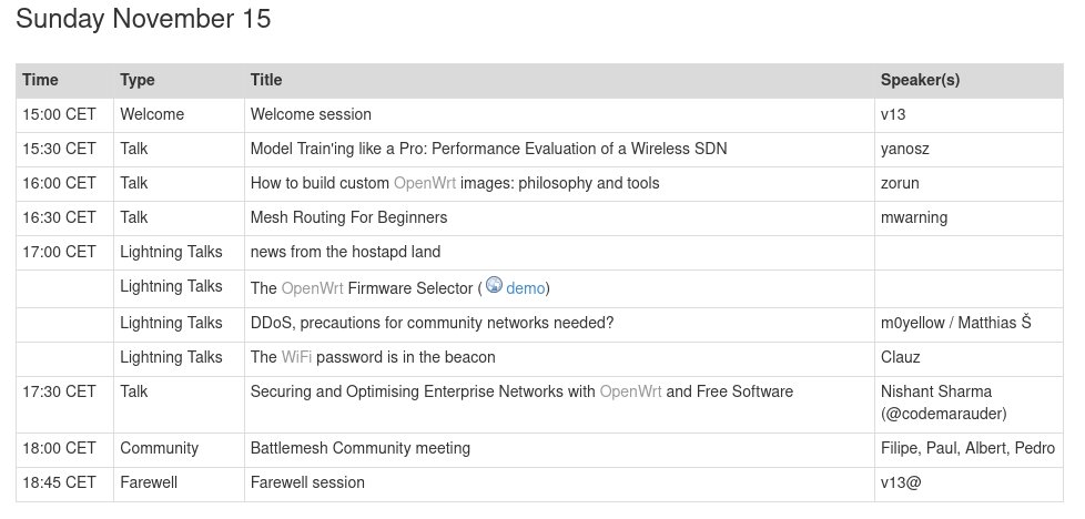 Battlemesh v13 will resume today at 15:00 CET. Check out the schedule! battlemesh.org/BattleMeshV13#…