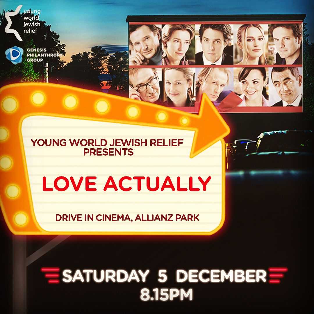 Y_WJR's tweet photo. Grab your FREE cinema treats🍿this December at Young World Jewish Relief’s Drive In screening of classic rom-com “Love Actually”, in aid of our Winter Appeal❄️*Get your tickets NOW!* 🤩https://t.co/EL0mzjngjm 
#driveincinema #lifeafterlockdown #loveactually #youngjewishlondon https://t.co/8c59OMsJp3