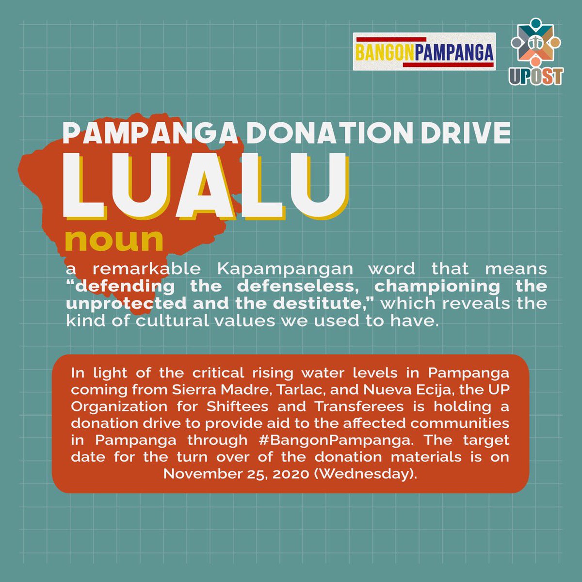 samangelo_'s tweet photo. #PampangaNeedsHelp
The Lualu Donation Drive aims to provide aid to our fellow Kapampangans gravely affected by the rising water levels from Sierra Madre, Tarlac, and Nueva Ecija.
Please check below for more details.
#LualaDonationDrive
#ReliefPH
#Padayon
#KeepingUPOSTed https://t.co/tdGtIsQTaQ