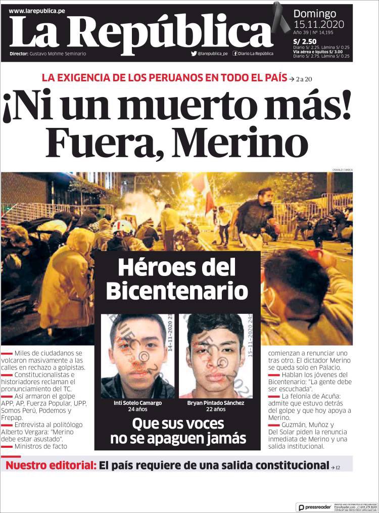 El Pueblo Informa on Twitter: "Via @vidaenportadas En medio de la protesta social en Perú, la prensa escrita toma posición así informó sobre la brutal represión policial: 📰 “Ni un muerto más!