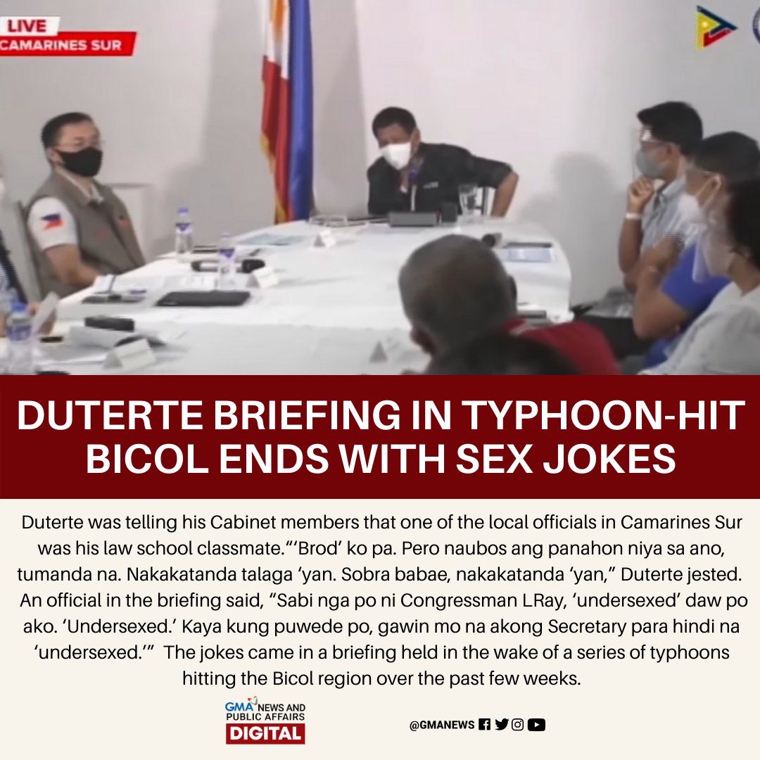gmanews's tweet photo. Sa biruan tungkol sa sex natapos ang situation briefing na tumatalakay sa mga naging epekto ng mga nagdaang bagyo sa Bicol region. Kasama sa briefing si Pangulong Duterte.

Para sa iba pang detalye, basahin: https://t.co/xuyMTKE40i https://t.co/tSgT1K1lDW