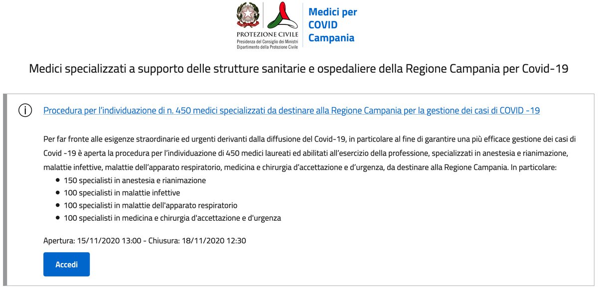 DPCgov's tweet photo. #15novembre #Coronavirus Sei un medico specializzato in anestesia e rianimazione, malattie infettive, malattie dell’apparato respiratorio o medicina e chirurgia d’Accettazione e Urgenza? Partecipa al bando per 450 medici a supporto della @Reg_Campania➡️ https://t.co/GKJomTFqLB https://t.co/lAYSpc0e3X