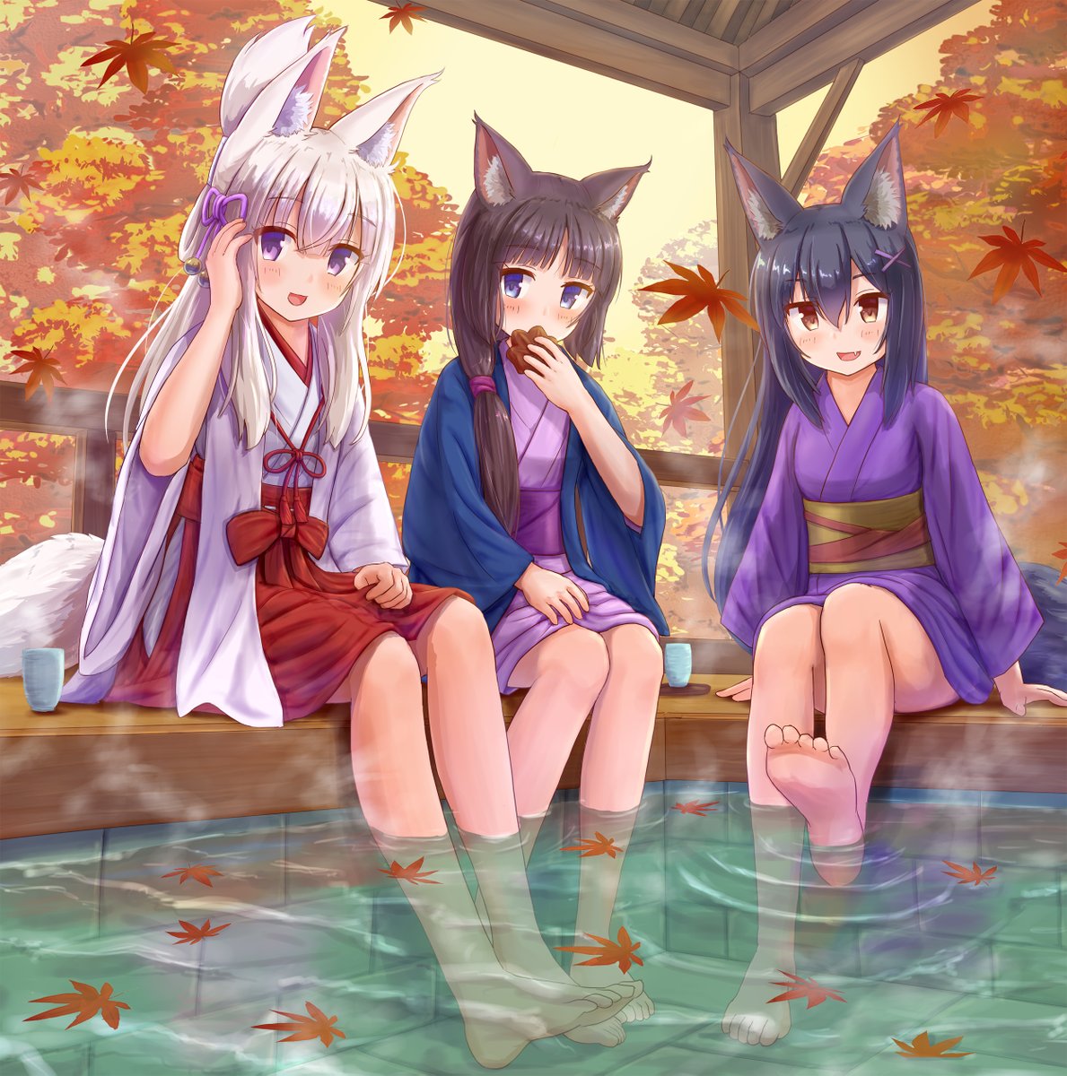 きものの日ということもあり狐娘と猫耳娘でまったり足湯中のイラストを描きました いろはのイラスト