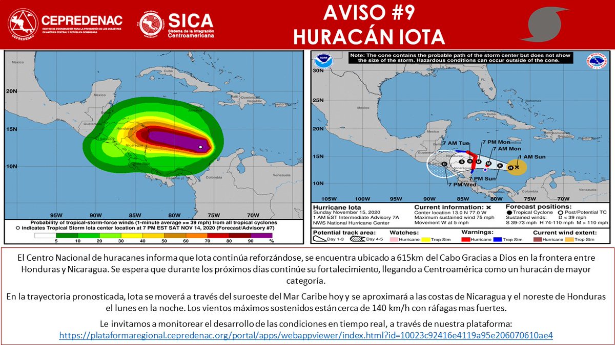 CEPREDENAC's tweet photo. #AvisoRegional 

Iota continúa reforzándose y se espera que en los próximos días siga fortaleciéndose llegando a Centroamérica como un huracán de mayor categoría.

Para mayor información ➡️ https://t.co/61HyQhM1jX https://t.co/SuEii1n6wv