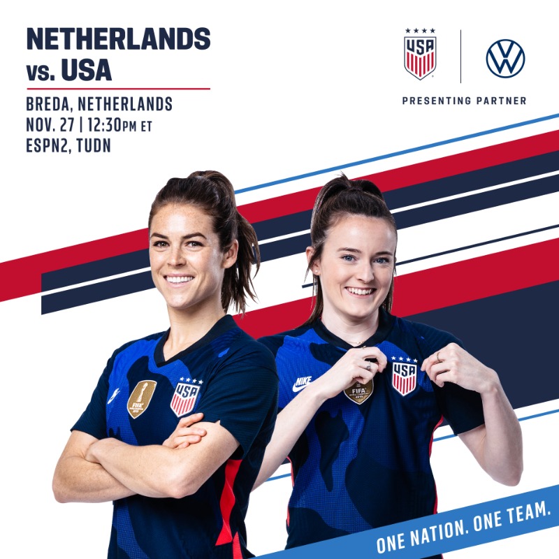 USWNT's tweet photo. Got ourselves a game! 🙌

The #USWNT will be back in action on Friday, Nov. 27 taking on the Netherlands! 

🇳🇱 vs. 🇺🇸
📍 Breda, Netherlands
📺 ESPN2, @TUDNUSA
🕛 12:30pm ET
📱 #NEDvUSA