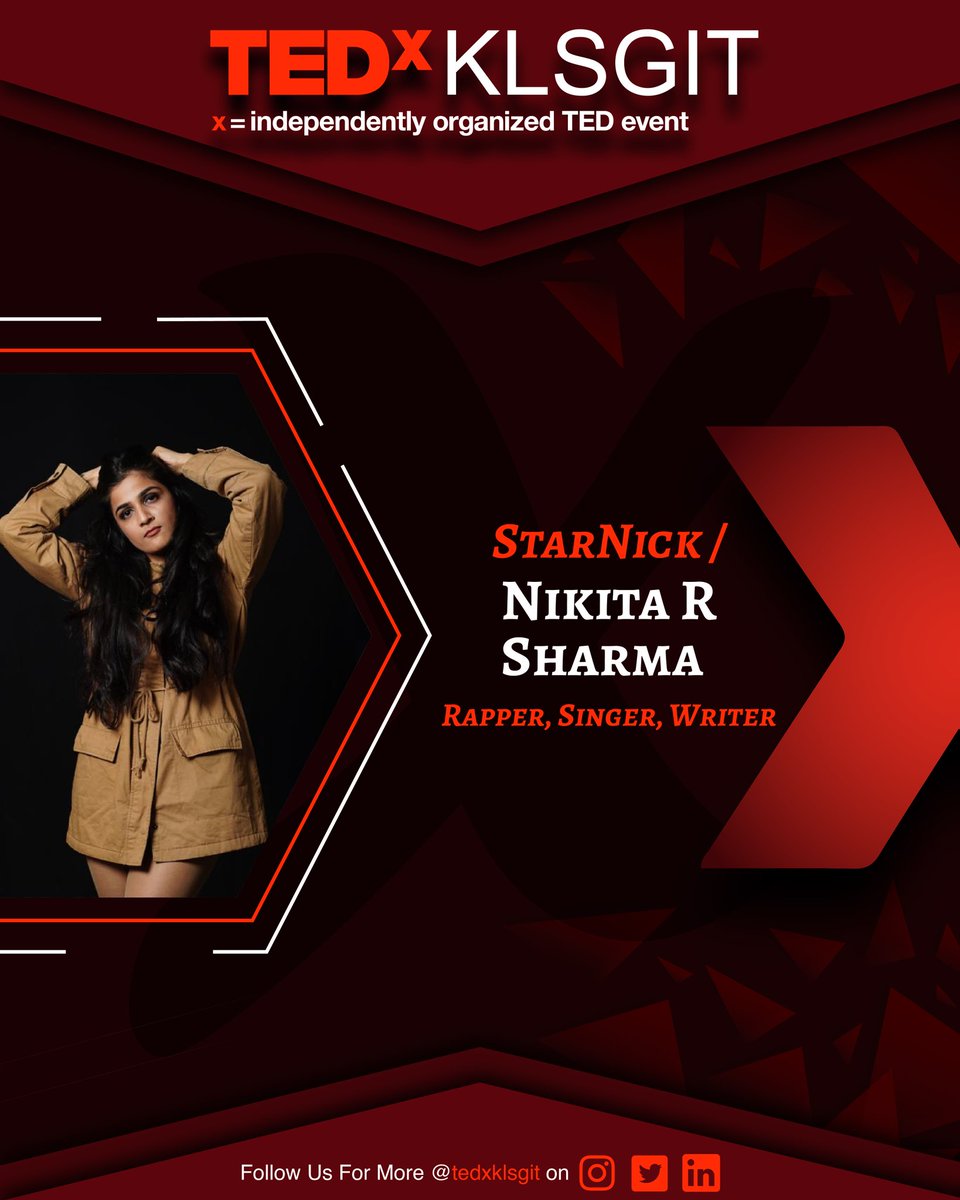tedxklsgit's tweet photo. Fasten you seat belts and come along on this journey, which will influence you through an empowering line up of talks.
Introducing to you, the 6th speaker of this year's elite panel of TEDxKLSGIT, StarNick / Nikita R Sharma, Rapper, Singer, Writer.

#tedx
#tedxtalks
#tedxklsgit https://t.co/H7bNPD02Rb
