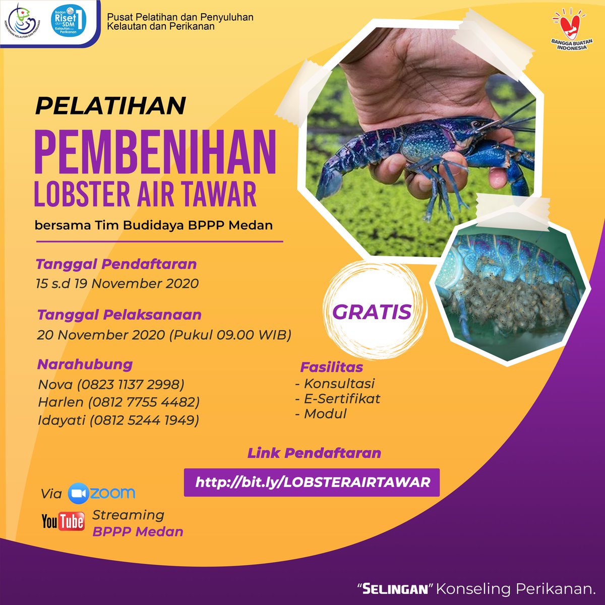 bppsdm_puslatkp's tweet photo. #InfoPelatihan
Bingung memilih usaha dgn modal kecil namun untung melimpah? Tertarik mencoba budidaya lobster? Kebetulan Puslatluh KP akan selenggarakan Pelatihan Pembenihan Lobster Air Tawar. Cocok untuk kalian para pemula.

📍: https://t.co/CulB4w1Gsr

#BudidayaLobsterAirTawar https://t.co/ZNUNwMeHm4