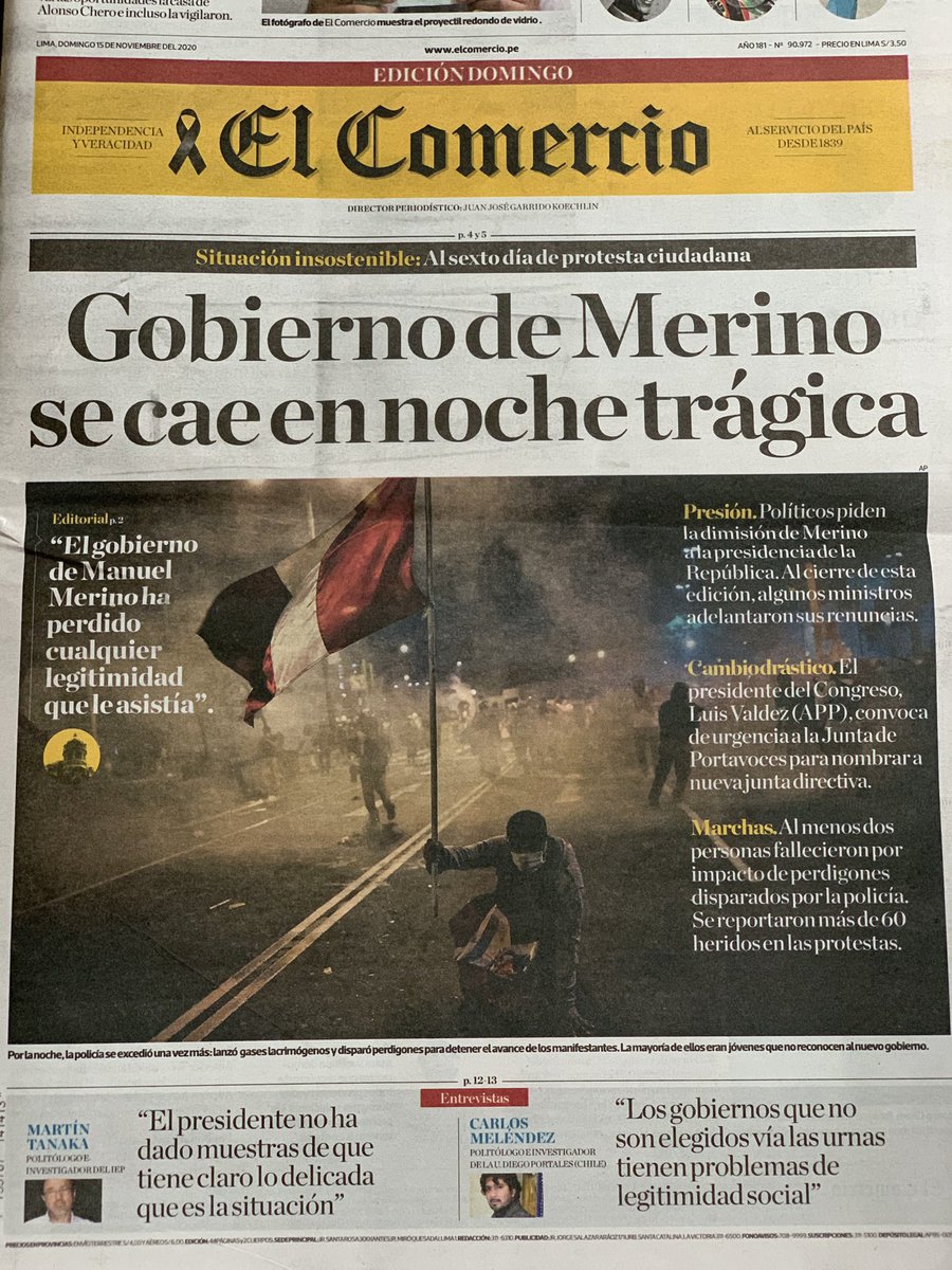 DarlingSalazarR's tweet photo. HASTA QUE POR FIN. Una portada realista. Tuviste que esperar dos muertes Diario El Comercio. DOS. Y no, no cayó en noche trágica. CAYÓ EN UNA MASACRE. 

#LutoNacional 
#MerinoRenunciaYa https://t.co/6yvx3c0AlH