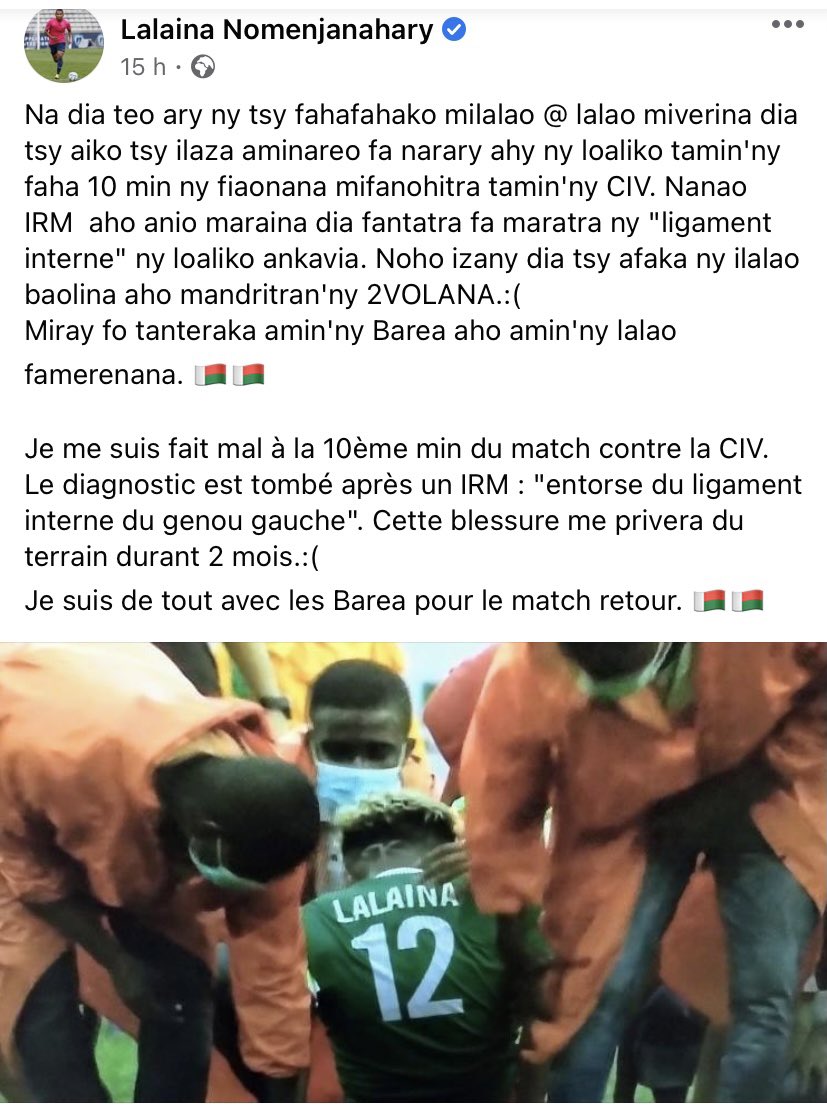 PrunetaLaurent's tweet photo. Coup dur pour Lalaina Nomenjanahary @lalaina12 milieu du @ParisFC blessé avec sa sélection de Madagascar face à la Côte-d’Ivoire en éliminatoires de la #CAN et qui annonce déjà une indisponibilité de 2 mois.
#Ligue2 #ParisFC #CIVMAD #Barea https://t.co/KAgncZSQ74