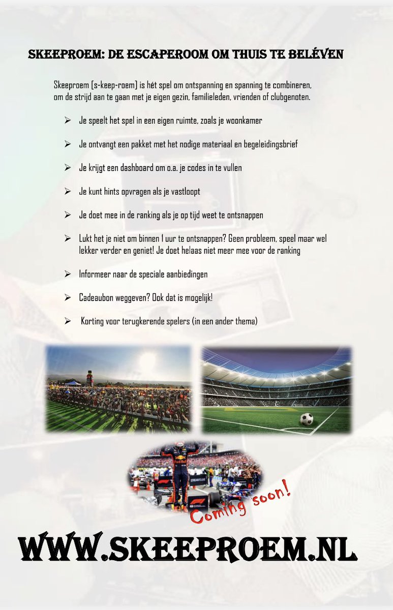 skeeproem's tweet image. Skeeproem.nl: DE escaperoom om thuis te beleven! 

#escaperoom #triatlon #voetbal #motorsport #autosport #F1 #Formule1 #AJAX #Feyenoord #stadion #circuit #wisselzone