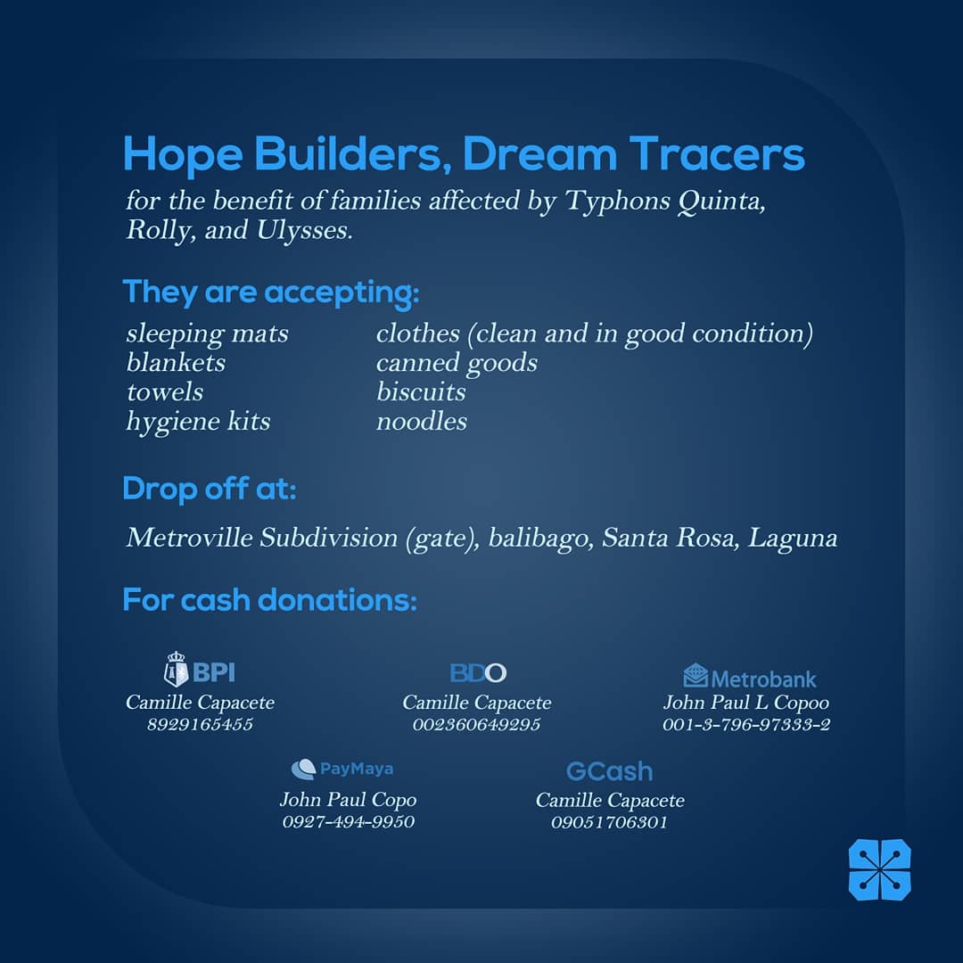 MCLkamalayan's tweet photo. We shall continue to help each other in these trying times.

Listed below are donation drives for those who are in need.

#InformationWithinReach
#TAUMBAYANparasaTAUMBAYAN
#UlyssesPH
#QuintaPH 
#RollyPH
#CagayanNeedsHelp
#RescuePH https://t.co/K6kntFCFRh https://t.co/88Ki9DOgBa