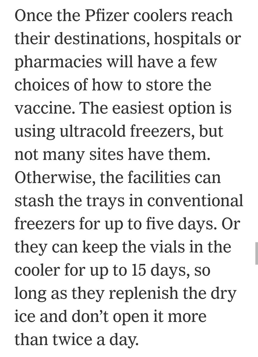 I highly recommend reading the NYT article in the first tweet of this thread. Distribution is a concern! The vaccine needs a temp of - 94F for long term storage. Other options are to keep it in a normal freezer (5 day limit) or it can be kept in its special cooler (15 days) l