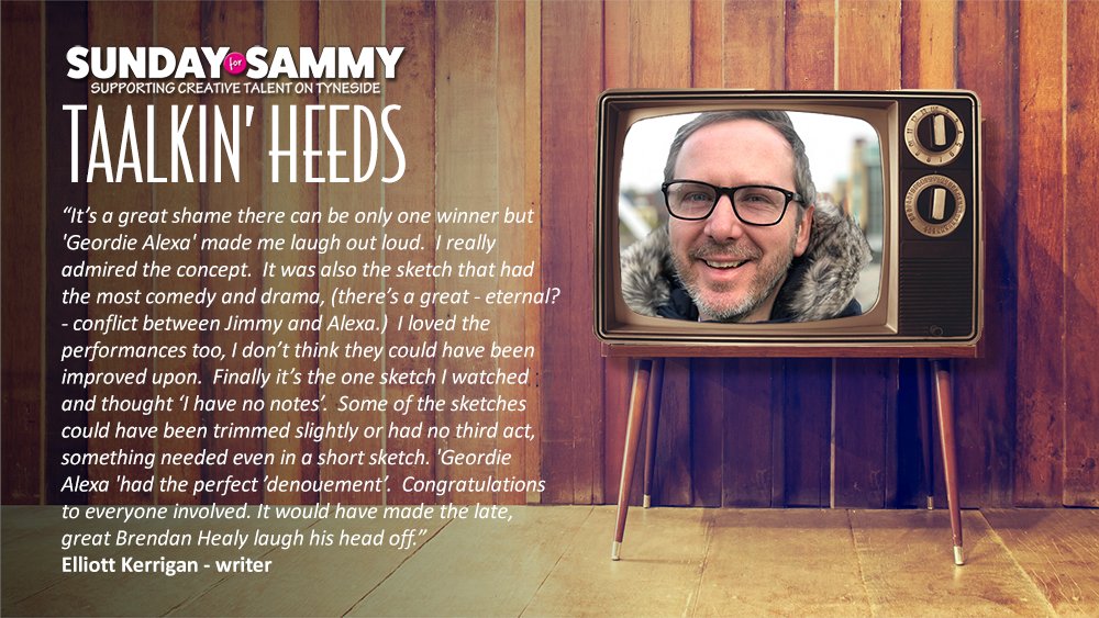 sundayforsammy's tweet photo. The winner of 'Taalkin Heeds 2020' is... CHRIS GROOM, for his sketch 'Geordie Alexa'! Congratulations Chris! Thanks to all the finalists, and the wonderfully talented performers for bringing the scripts to life. Watch 'em all again here: https://t.co/FA3cq4MHYy https://t.co/ylYiMqVLFg