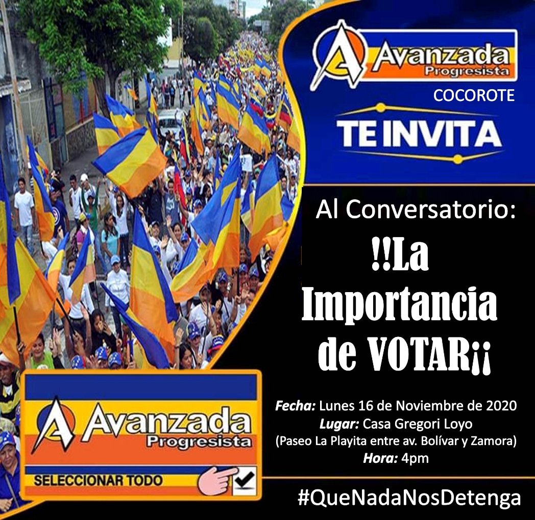 gregloyo16's tweet photo. Desde Avanzada Progresista Cocorote TE INVITAMOS al conversatorio: ¡¡LA IMPORTANCIA DE VOTAR!!... 

Te esperamos... 

#QueNadaNosDetenga
#UnirSumarYAvanzar

@HenriFalconLara 
@DanielConcejal2 
@FannyR_Garcia 
@progresistaCcte 
@AvanzadaY https://t.co/x5Rlp5A8O0
