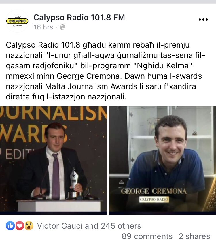 ivcam's tweet photo. #malta #journalism - a big well done to CALYPSO RADIO for best journalism award. Setting standards. Keep it up. #maltajournalismawards https://t.co/O9xBOSfmQM