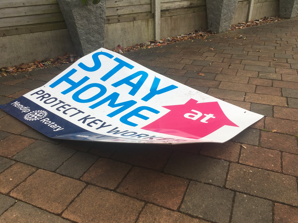 RotaryMendip's tweet photo. In the middle of a pandemic our signs erected to remind people to protect the local community have been damaged in a display of antisocial behaviour. It didnt work we have got them back. Stay safe. @RotaryGBI https://t.co/se87hqE4eE