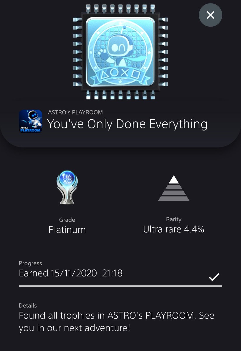 MatC_1994's tweet photo. Platinum #56 - Astro's Playroom
My first PS5 platinum 🙂 https://t.co/fRxTN1mbBO