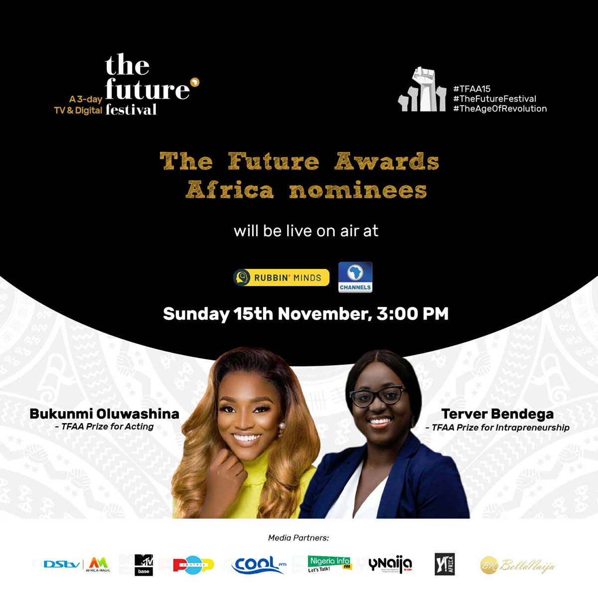 TFAAfrica's tweet image. Nominees for The Future Africa Awards 2020 @bukunmioluwasina @onetivgirl, would be live on air @rubbinmindsnow on @channelstelevision at 3pm today. 

Don't miss any minute of it 👌

#TFAA.
#TheFutureFestival
#TheAgeofRevolution