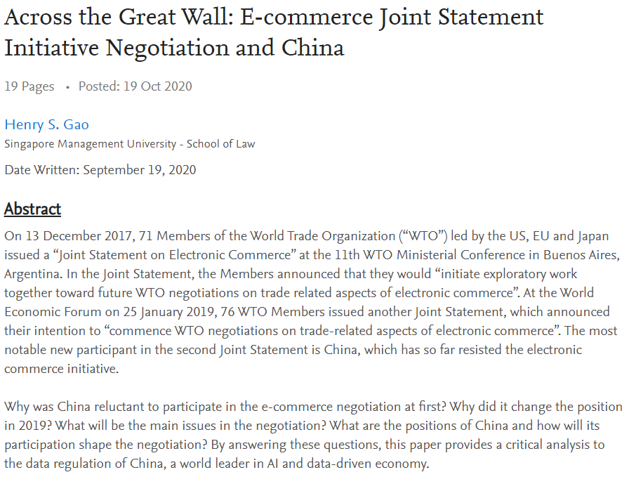 henrysgao's tweet photo. The #RCEP is historic in many ways, but specifically on e-commerce, it is the first FTA in which China agrees to disciplines on free flow of info and data localization requirements. This shows that China is willing to make commitments on these issues, as I predicted in my paper https://t.co/zmJHOW2SuD
