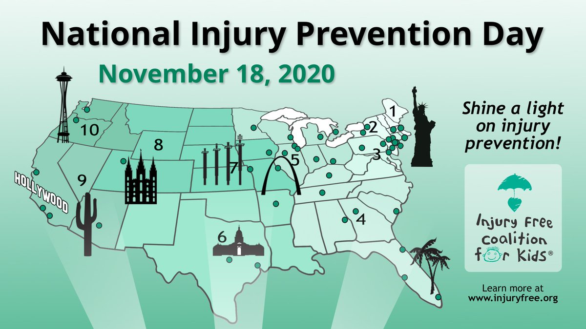 The 1st annual National Injury Prevention Day is on Wednesday, November 18, 2020. Partners across the country are participating  by lighting landmarks in green, hosting safety education events, and community outreach. Learn more at injuryfree.org. #BeInjuryFree