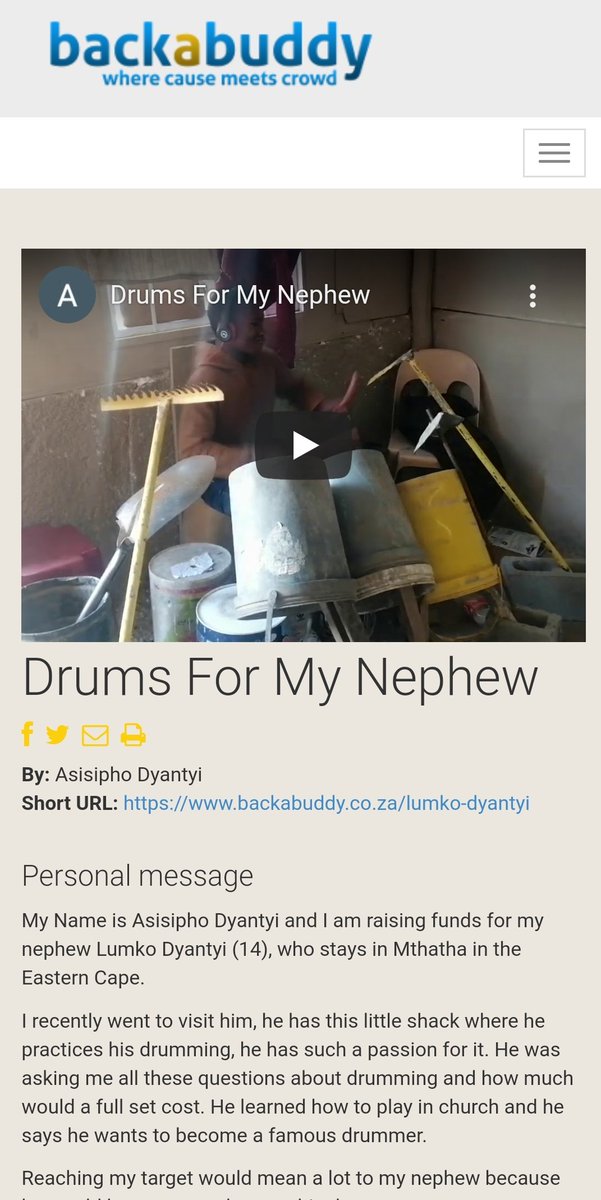 With the help of the guys at  @backabuddy I managed to create a campaign for him to raise funds so he can get a full set of drums  https://www.backabuddy.co.za/champion/project/lumko-dyantyi