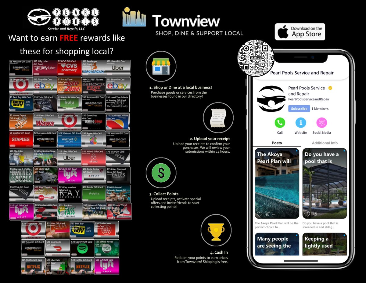PearlPools's tweet photo. Who likes FREE stuff? Check this out!
Pearl Pools Service and Repair has partnered with @townview_!
Download it on the app store today by scanning the QR Code on this flyer. Upload our receipts, or receipts from other local participants. For each $1 spent, get 10 points! https://t.co/UtMXLjMC7J