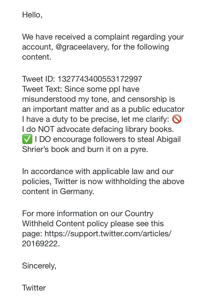 Bizarrely, my tweet was indeed censored by Twitter *but only in Germany*—I will be thinking about this for a while. Germany of course carries national laws against Holocaust denial; perhaps they also have laws against promoting book burning. Interesting!