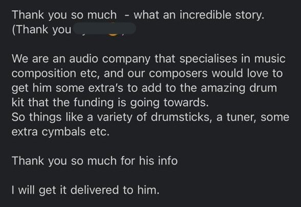 Donations came pouring in, here's is a few things that he also received except for the drums...