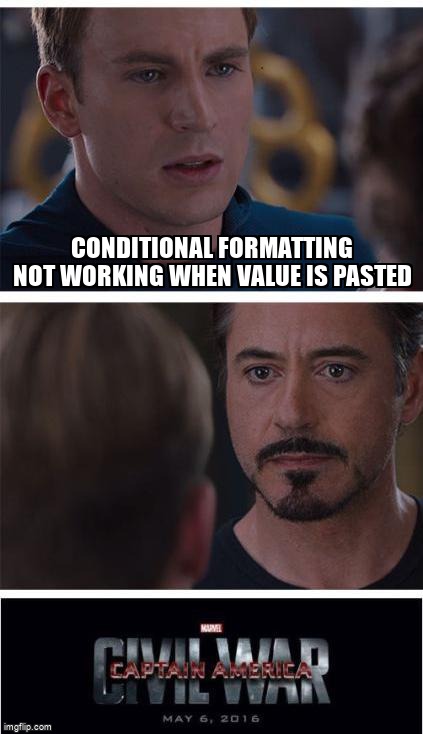 overflow_meme's tweet image. Conditional formatting not working when value is pasted stackoverflow.com/questions/6484… #conditionalformatting #googlesheets