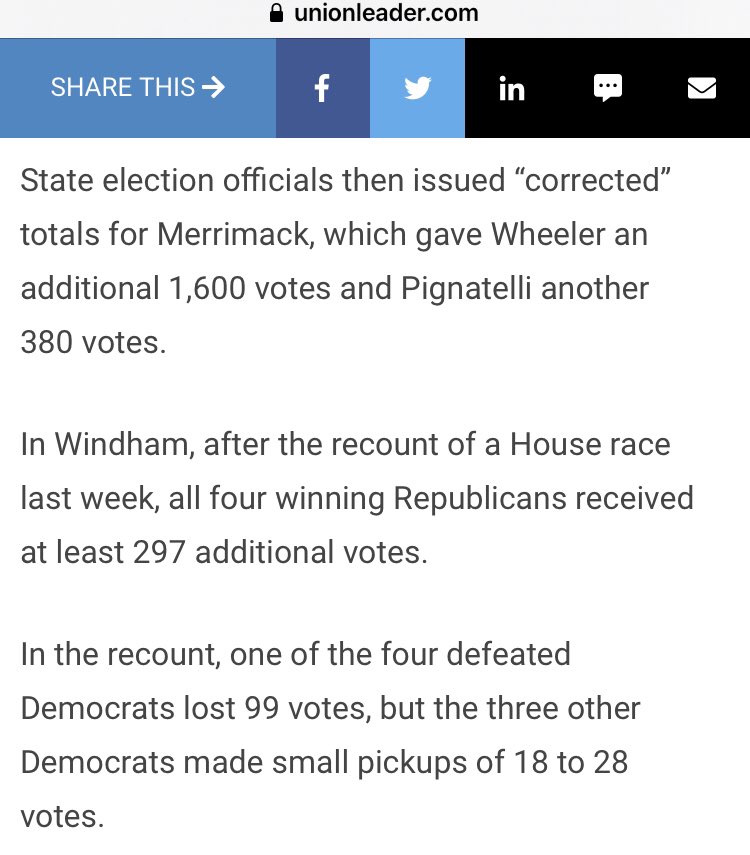 - Recount added on average 6.0% votes to four GOPers in NH. Average Dem gain was 0.0%.- A GOPer was down in a CT State Assembly seat by 80 votes due to a glitch. Now ahead by 21.- A MI Dem first won 50.08% of the vote due to a glitch. Lost the win because she got only 48.2%.