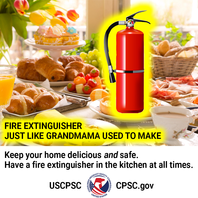 A fire extinguisher on a table full of food. The text reads: fire extinguisher, just like grandmama used to make. Keep your home delicious and safe. Have a fire extinguisher in the kitchen at all times.