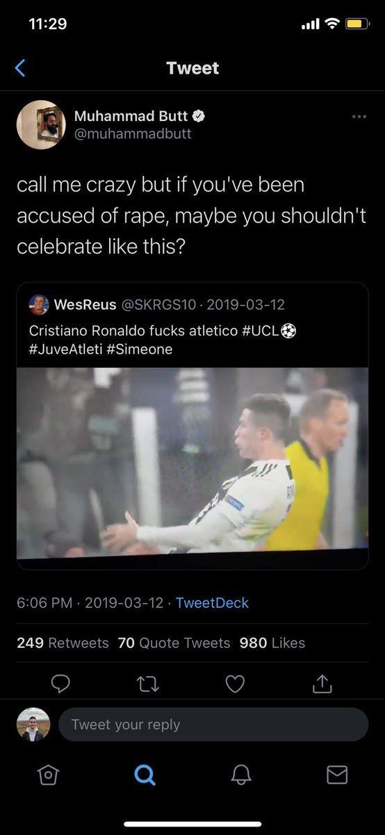 Here are some where he tries to force the rape allegations against Ronaldo to be true despite them still being disputed at the time. (Also the celebration was mimicking Simeone’s celebration which EVERYONE knew)