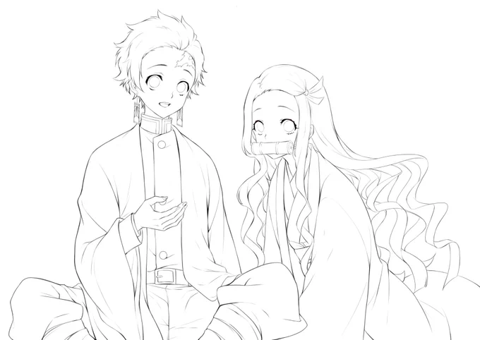 前に描いた炭治郎と禰豆子～?
#皆さん線画と塗った後を見せてください
#鬼滅の刃 