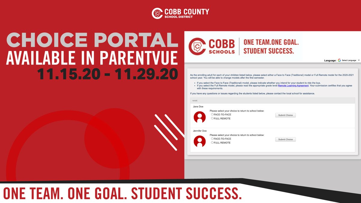 ❗THE CHOICE PORTAL IS OPEN ❗

1️⃣ Log in to ParentVue 
2️⃣ Select the Back to School Choice menu item
3️⃣ Choose the option that best fits the needs of your student(s) and family

cobbk12.org/_ci/p/35435/se…