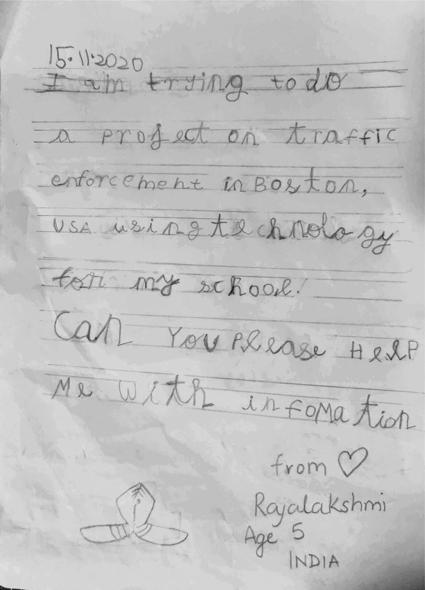 Anandithanand's tweet photo. My niece , studying in India, Age 5  has been given international school project on Boston traffic. We require first hand Information on the same. Please help this little girl with info on how tech helps traffic in Boston @bostonpolice @BostonBTD @KBBostonTraffic @marty_walsh https://t.co/eiMPTZAcpO