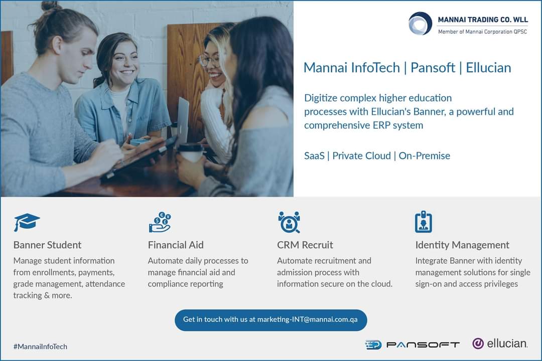InfotechMannai's tweet photo. #MannaiInfoTech are officially partnered with #Pansoft #Ellucian #Banner. A comprehensive #ERP system, supports every major department in higher #education.
2,500 institutions :: 50+ countries, for over 20 million students.
Write to marketing-INT@mannai.com.qa to know more. https://t.co/VTKZZKrCA3