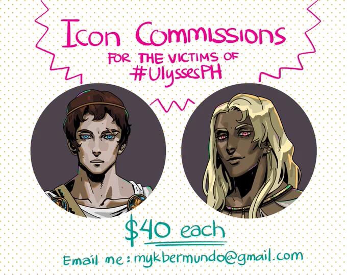 hello! I'm opening up 4 slots for icon commissions for the victims of typhoon Ulysses that recently hit the Philippines.

Send me your OCs or even your portraits and I'll try to draw them in Hades' style :) All proceeds will be donated to @KayaNatinPH 