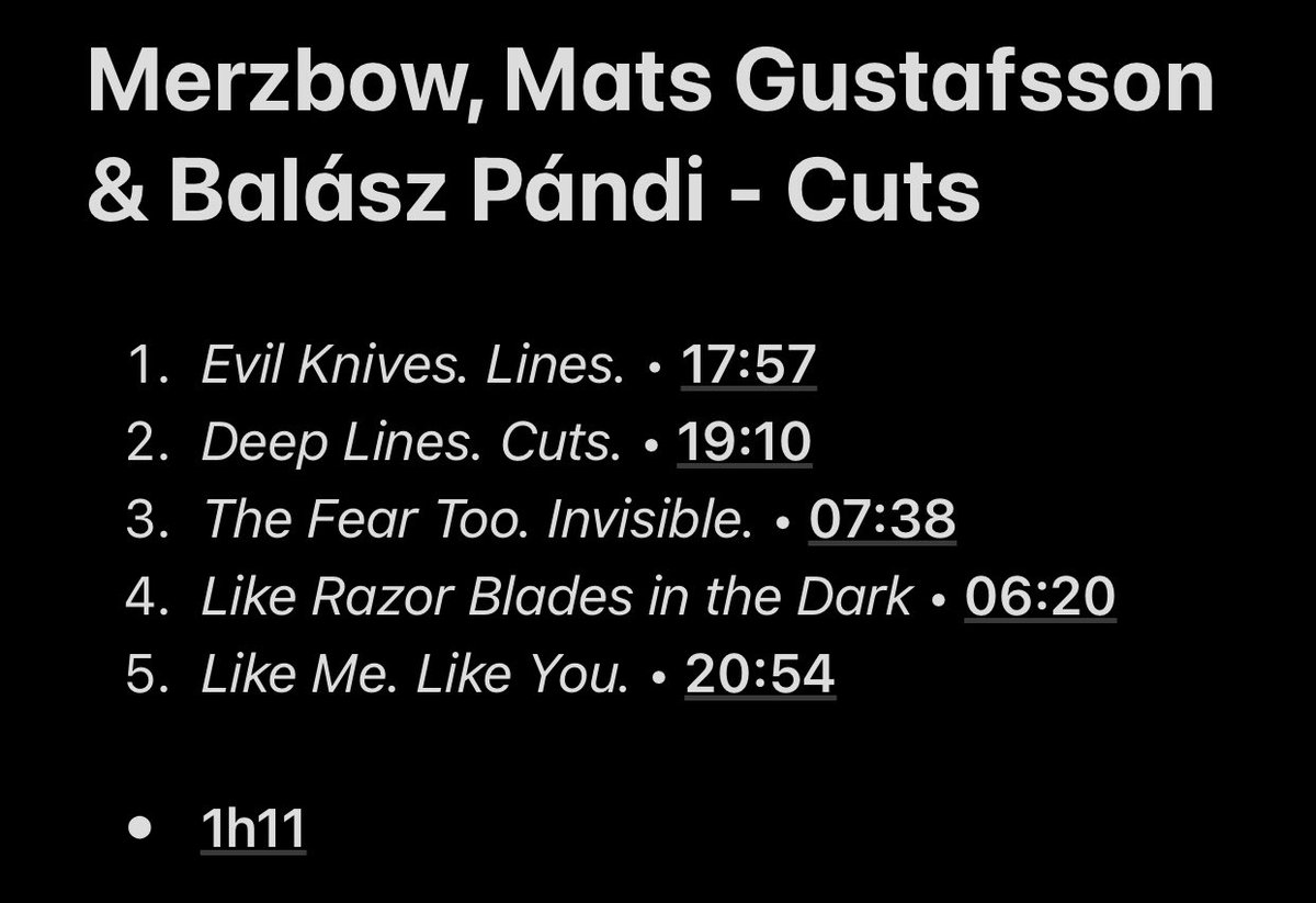 83/108: Cuts (with Mats Gustafsson & Balász Pándi)A really messy project with noise, drums and saxophone who goes really crazy. A really extreme album.