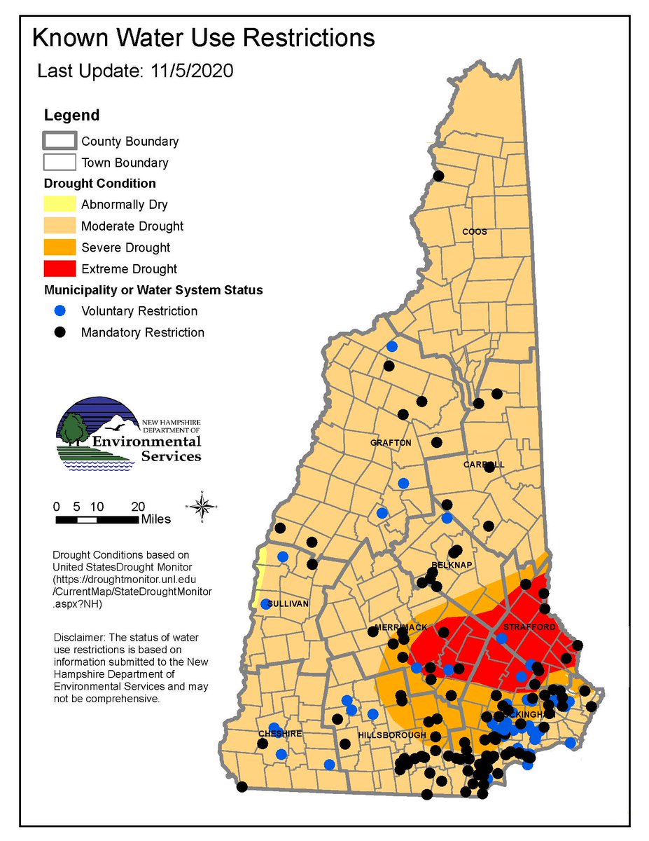 NHDES's tweet photo. According to the U.S. Drought Monitor, there has been no change to drought conditions in New Hampshire since last week. Please continue to restrict your outdoor and indoor water use: https://t.co/8vTX970RcL
#nhdrought https://t.co/bY8vaM4hmx