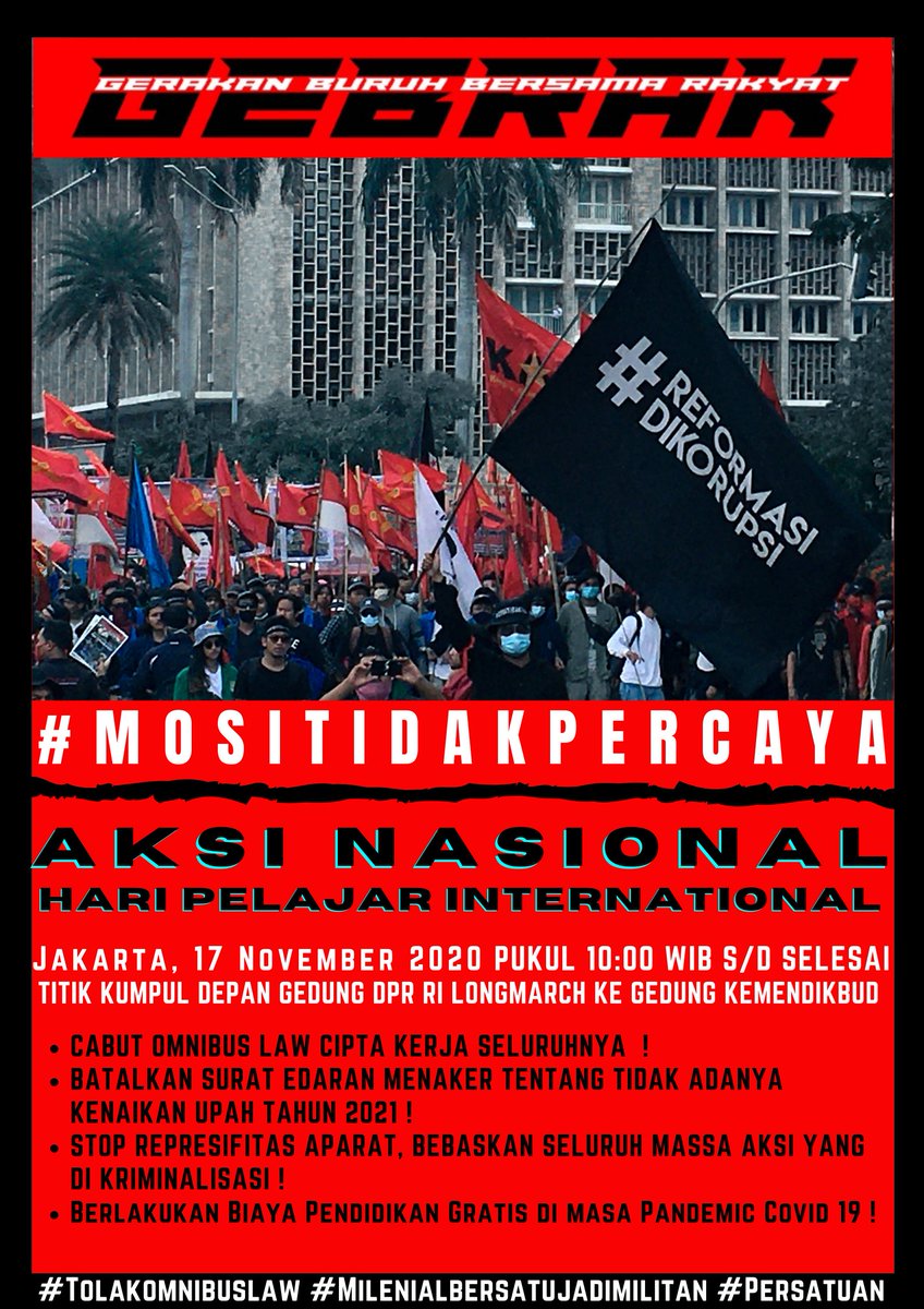FsbnK's tweet photo. Gasssss!!!

#BatalkanOmnibusLaw
#MosiTidakPercaya 
#PembangkanganSipil 
#AksiHariPelajarInternasional
#PelajarPejuangDemokrasi https://t.co/dRHHM1rI4X