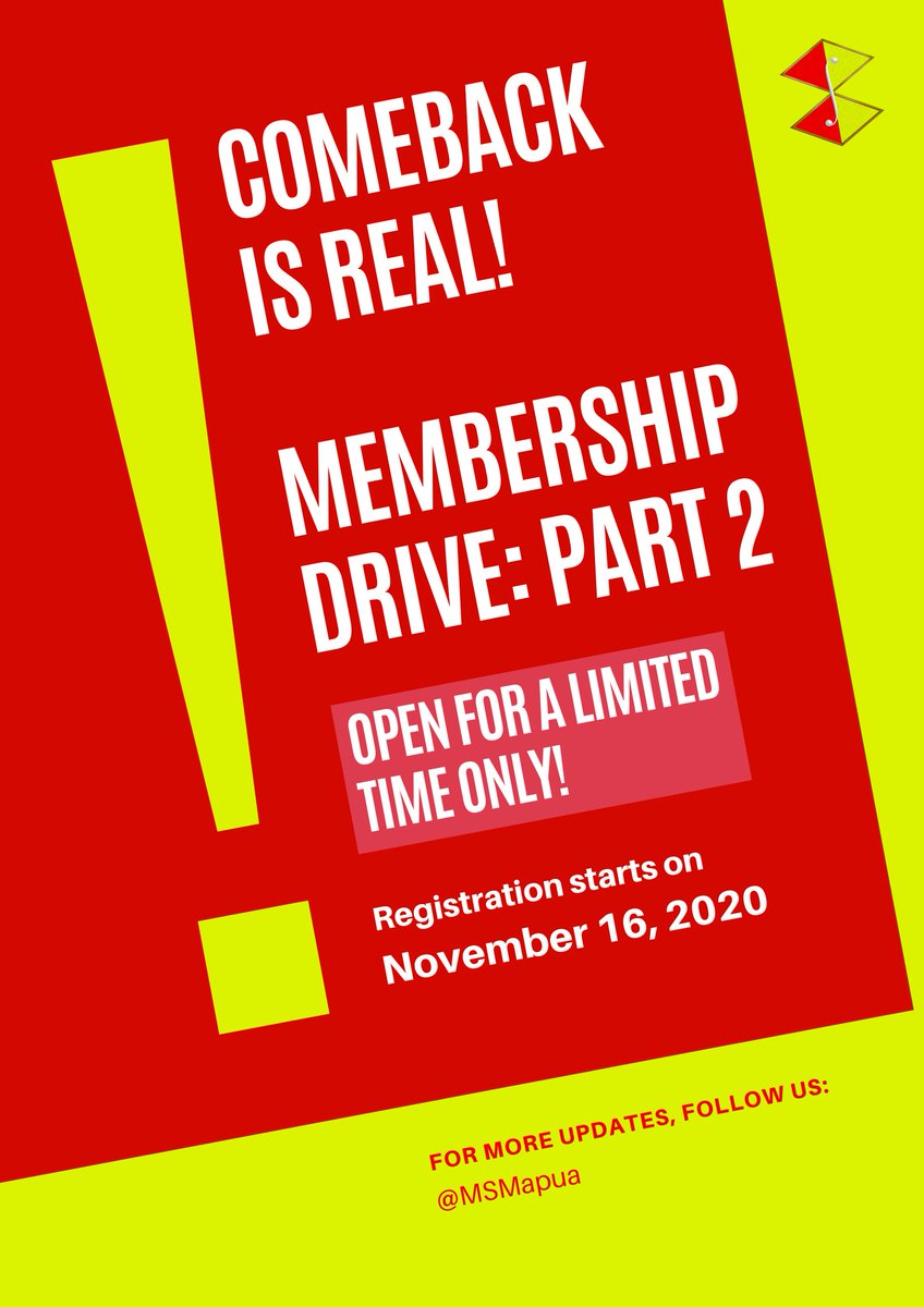 MSMapua's tweet photo. “Nothing is cooler and more attractive than a big comeback, and that’ll be me.” – Steven Adler

COMEBACK IS REAL!

Come and join our growing family by filling out this form: https://t.co/9kopNlwnHg

Register now and be one of our Batch Alpha!

#BatchAlpha #MSMLangMalakas https://t.co/8Qn4A77hR0