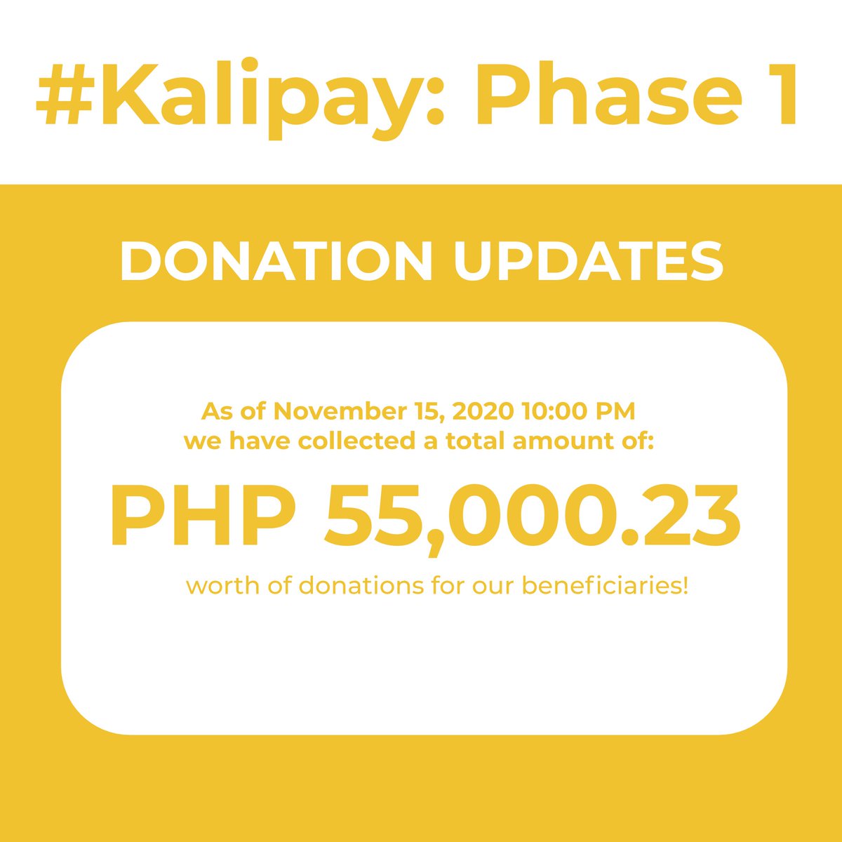 rafyanong's tweet photo. As of November 15, 2020, 10:00pm, we have collected a total amount of Php 55,000.23! We post breakdowns or list of each donation channel in our IG account 👉🏻https://t.co/MgmzMT04bm :) 

Thank you to everyone who contributed today po! 🥺 #Kalipay https://t.co/fXq0WRAOil