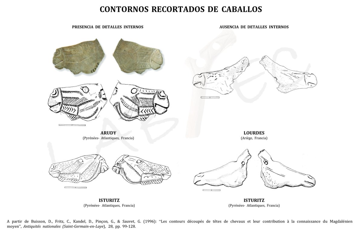 Dentro del arte mueble podemos destacar los numerosos contornos recortados tratando de reproducir la cabeza del équido. Un análisis estadístico muestra que pueden diferenciarse por su factura técnica y la presencia de detalles como el ojo o pelaje 