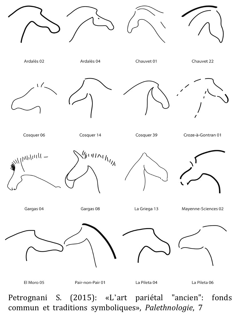 Uno de los principales convencionalismos que podemos observar, especialmente en el caballo premagdaleniense, es el denominado “pico de pato”, nombre que designa al morro tan característico que realiza el artista al representar este animal 