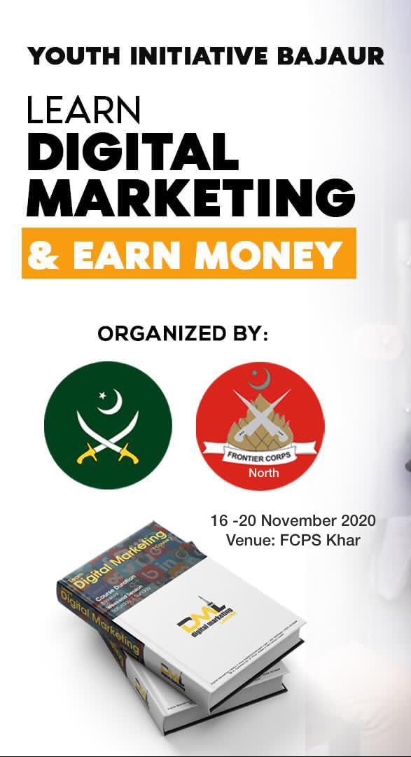 Sabzali10312175's tweet photo. Come and join the youth initiative event organised by Frontier Corps(North). 5 day Digital marketing workshop for youth of Bajaur. Free training , certificate will be awarded to the participants.
#DMworkshop
#PeacefulBajaur https://t.co/dgaGx7CFLa